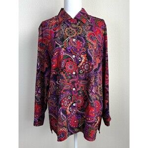 VTG Paisley Button Shirt Women M Purple Red Psychedelic Artsy Boho 90s Blouse